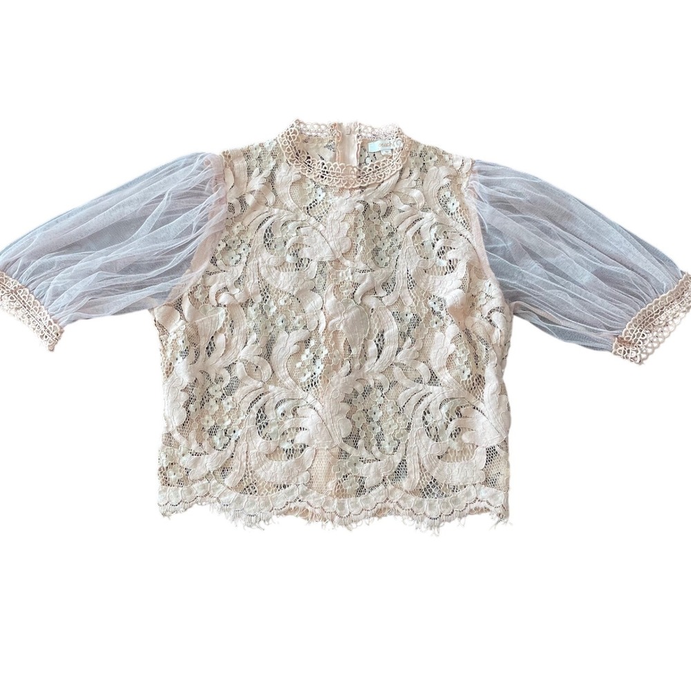 Peach Pink Lace Mesh Puff Sleeve Blouse Mock Neck Back Zip Top M